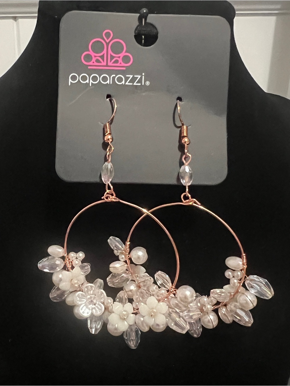 Paparazzi Rose Gold Floral Hoop Earrings - White Crystal Accents